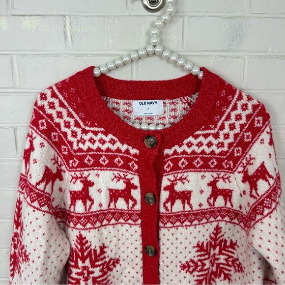 Old Navy Fair Isle Reindeer Snowflake Knit Christmas Cardigan Sweater Size M - Picture 4 of 10